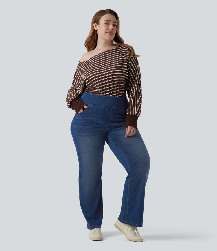 Halara Flex™ High Waisted Pockets Washed Denim Casual Bootcut Plus Size Women Straight Jeans