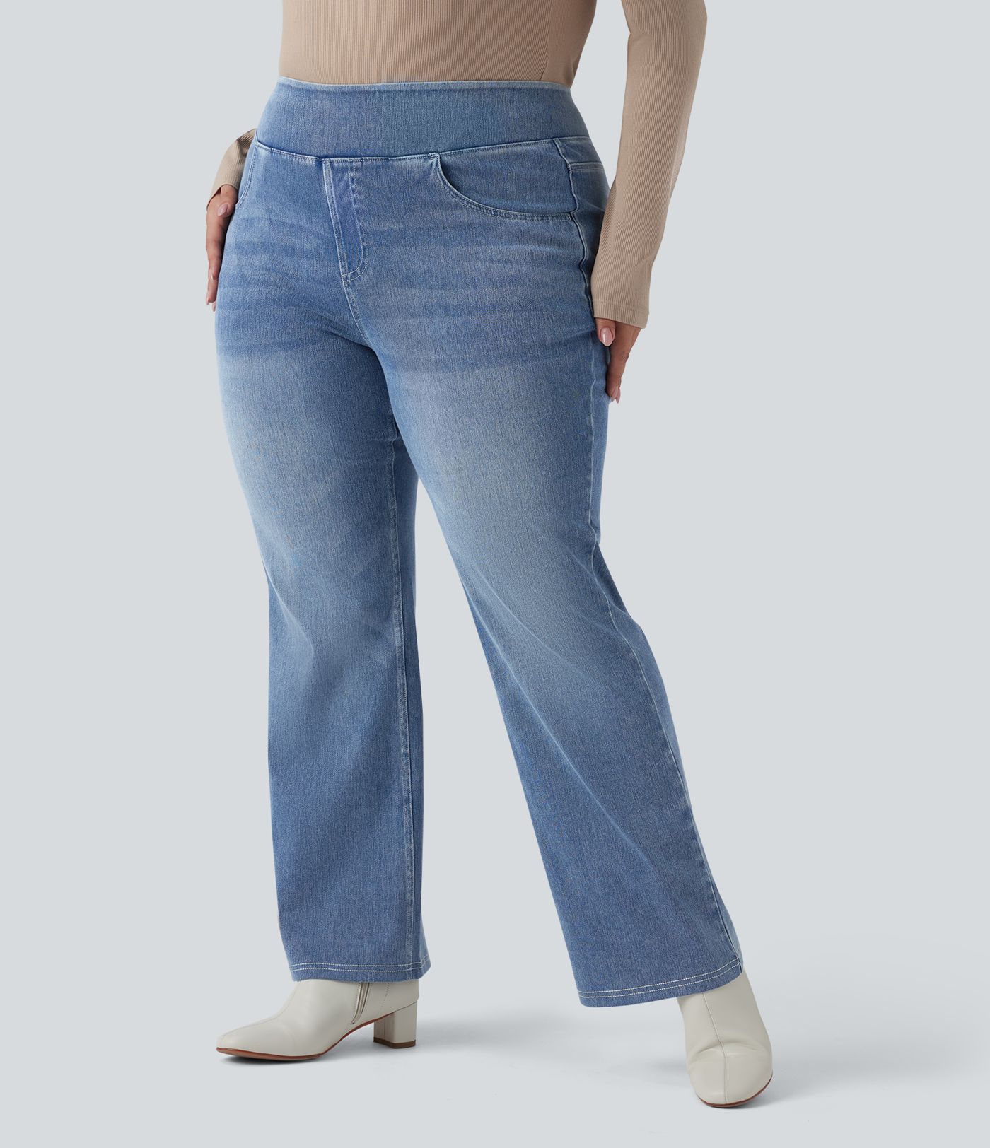 Plus Size Halara Flex™ Hoch taillierte Jeans mit mehreren Taschen, gewaschener, dehnbarer Strick, lässiger Bootcut, Übergröße