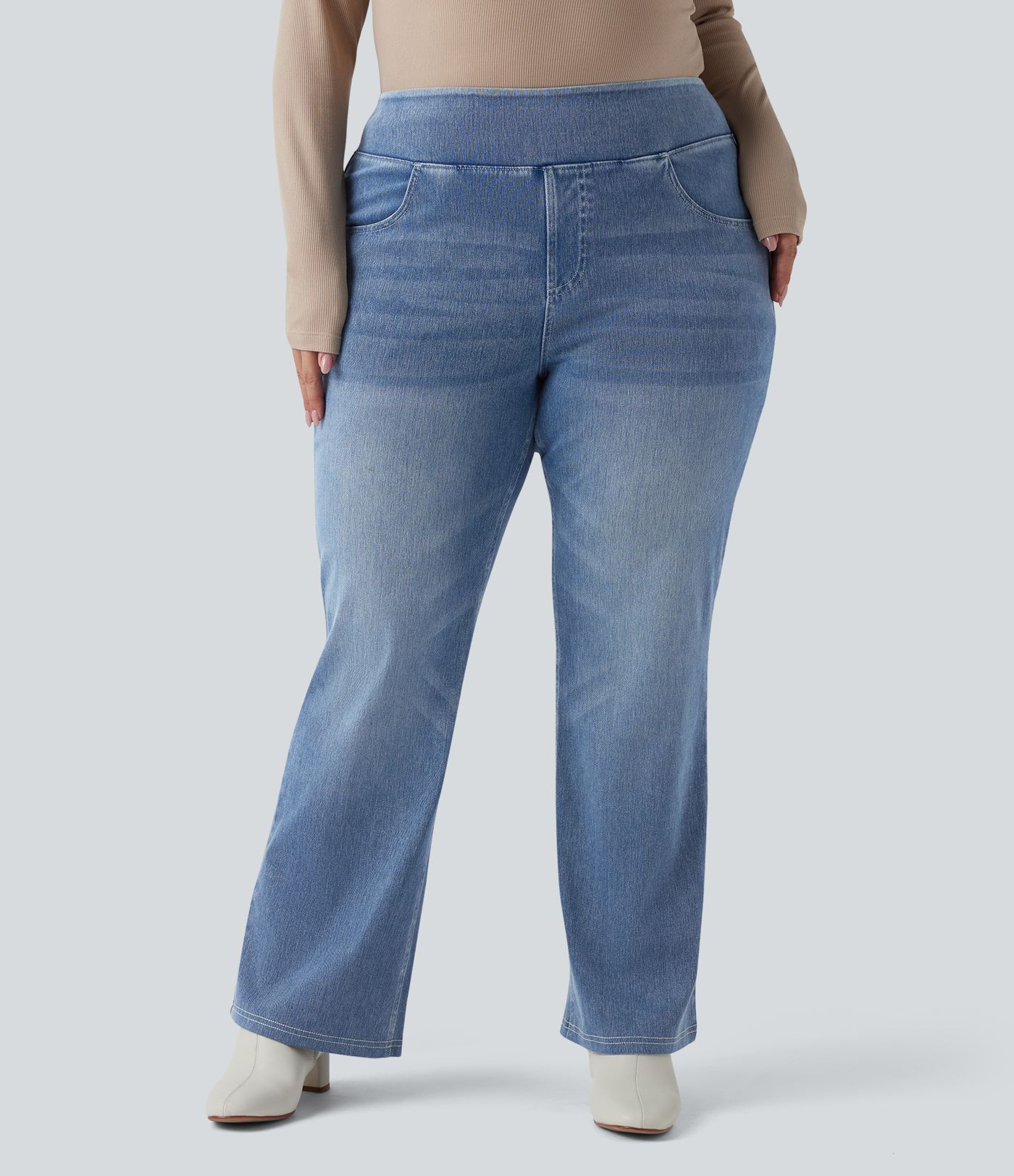 Plus Size Halara Flex™ Hoch taillierte Jeans mit mehreren Taschen, gewaschener, dehnbarer Strick, lässiger Bootcut, Übergröße