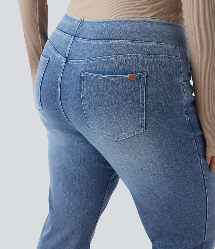 Plus Size Halara Flex™ Hoch taillierte Jeans mit mehreren Taschen, gewaschener, dehnbarer Strick, lässiger Bootcut, Übergröße