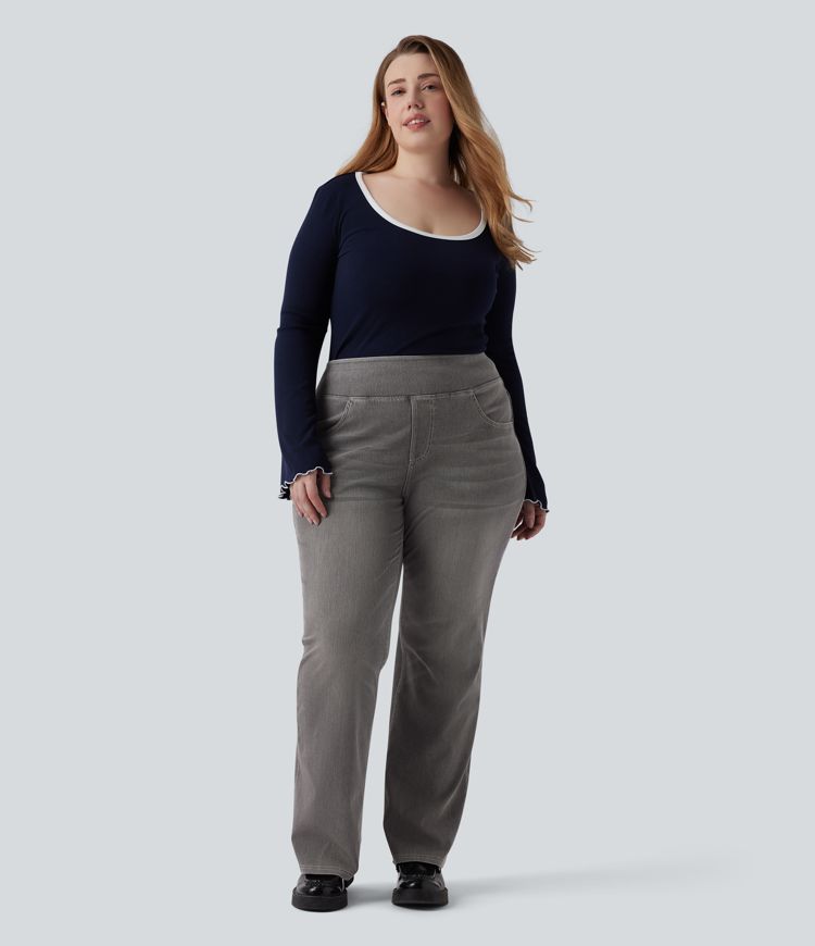 Plus Size Halara Flex™ Hoch taillierte Jeans mit mehreren Taschen, gewaschener, dehnbarer Strick, lässiger Bootcut, Übergröße