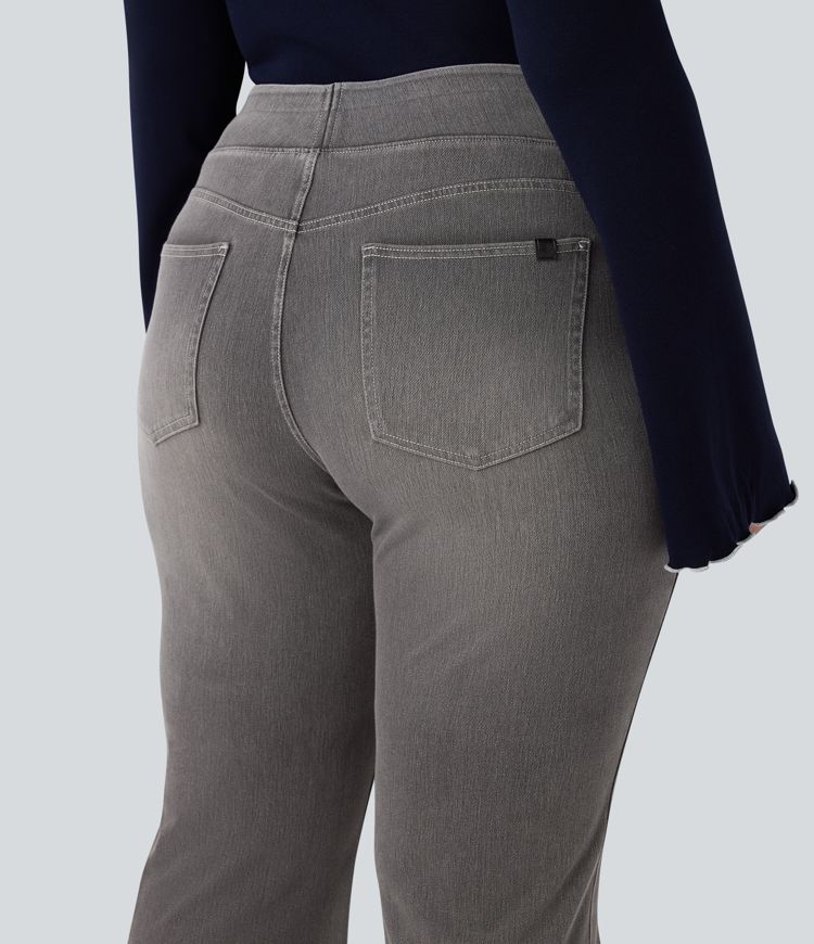 Plus Size Halara Flex™ Hoch taillierte Jeans mit mehreren Taschen, gewaschener, dehnbarer Strick, lässiger Bootcut, Übergröße