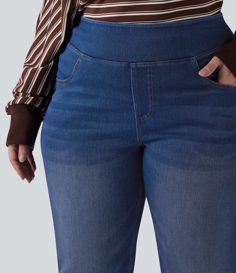 Halara Flex™ High Waisted Pockets Washed Denim Casual Bootcut Plus Size Women Straight Jeans