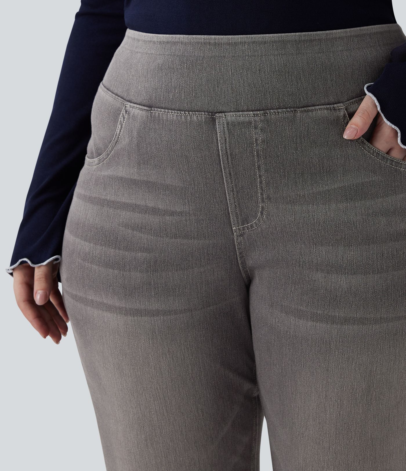 Plus Size Halara Flex™ Hoch taillierte Jeans mit mehreren Taschen, gewaschener, dehnbarer Strick, lässiger Bootcut, Übergröße
