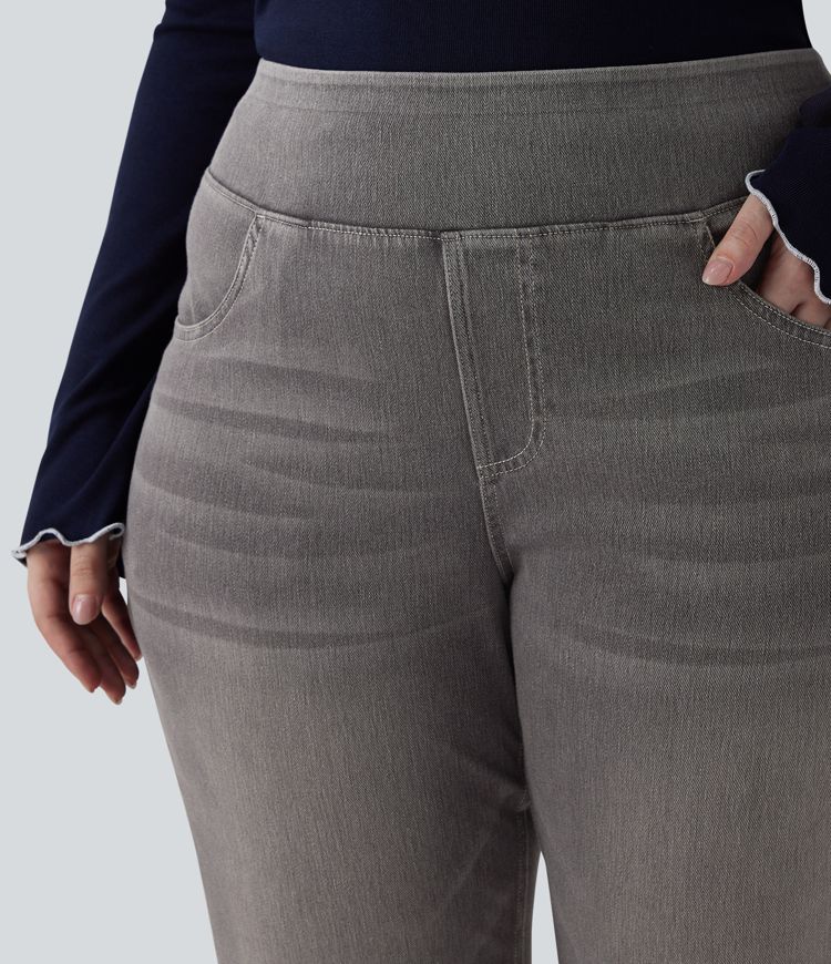 Plus Size Halara Flex™ Hoch taillierte Jeans mit mehreren Taschen, gewaschener, dehnbarer Strick, lässiger Bootcut, Übergröße