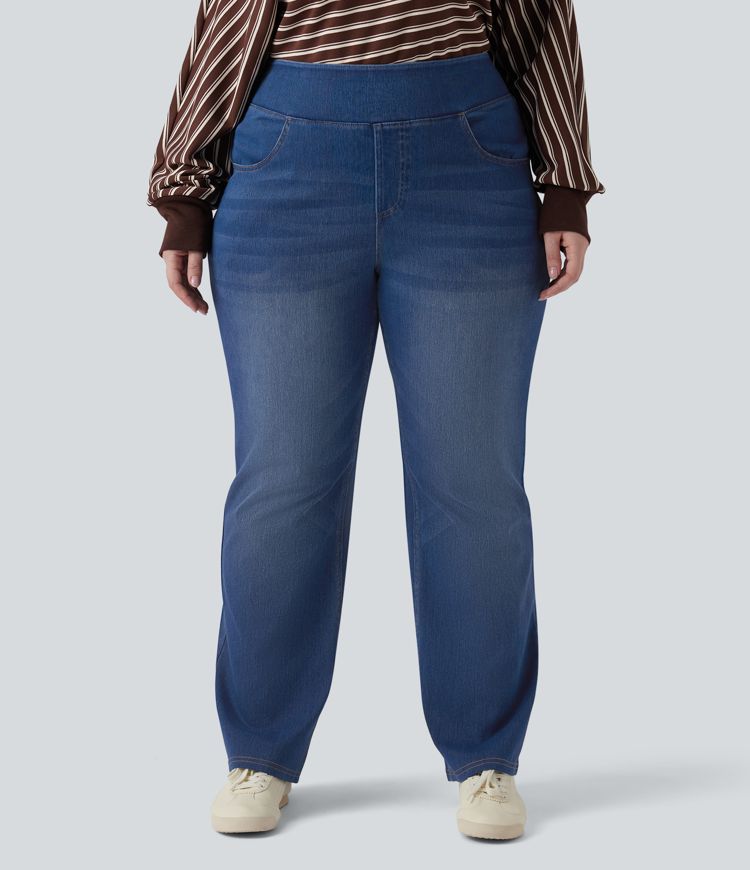 Halara Flex™ High Waisted Pockets Washed Denim Casual Bootcut Plus Size Women Straight Jeans