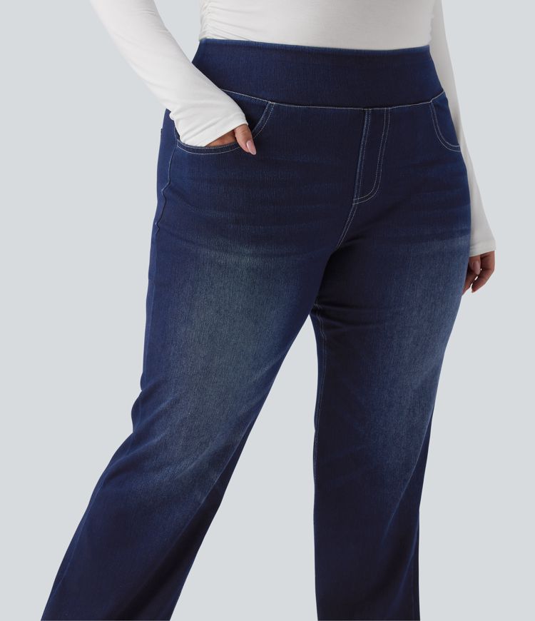 Plus Size Halara Flex™ Hoch taillierte Jeans mit mehreren Taschen, gewaschener, dehnbarer Strick, lässiger Bootcut, Übergröße