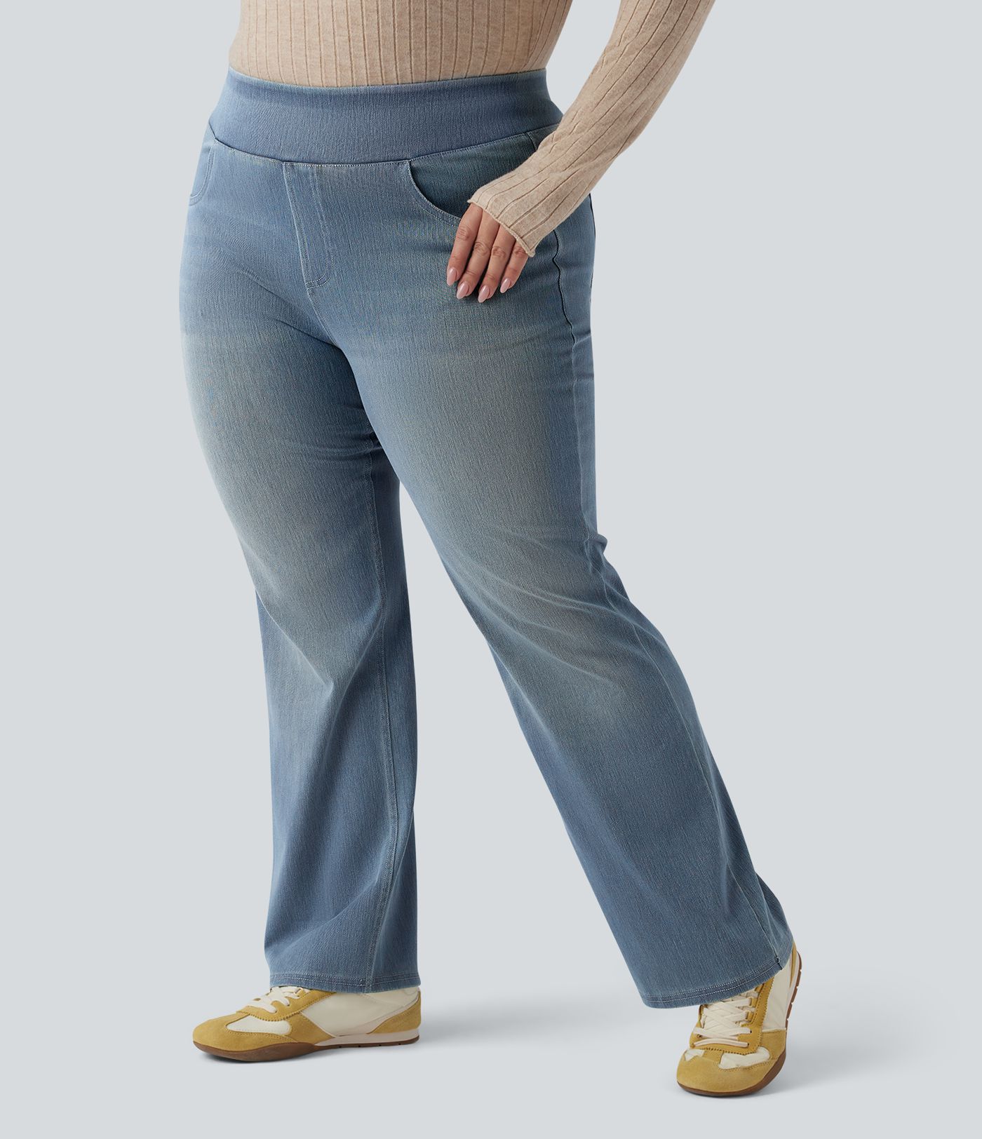 Halara Flex™ High Waisted Pockets Washed Casual Bootcut Plus Size Jeans