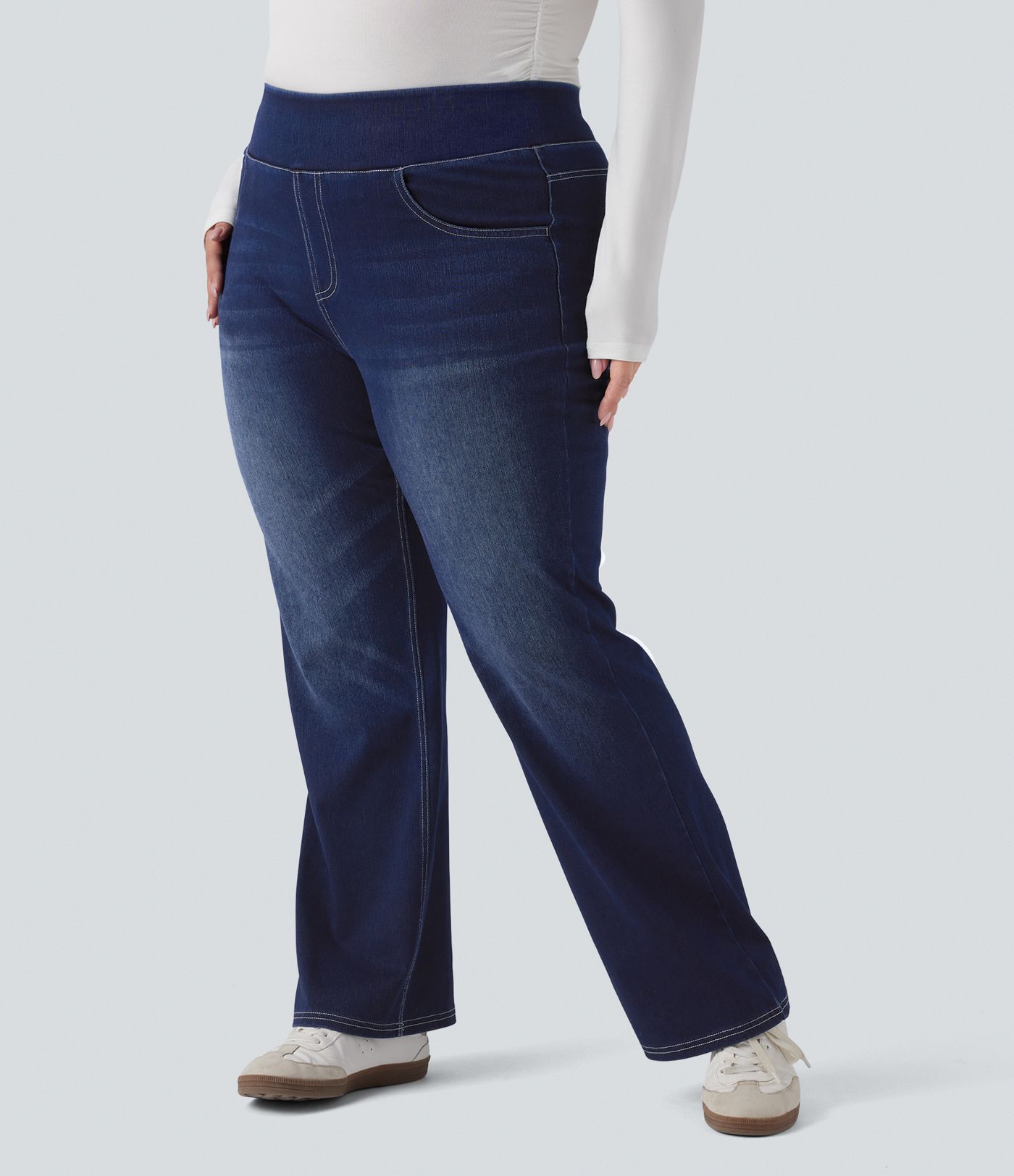 Plus Size Halara Flex™ Hoch taillierte Jeans mit mehreren Taschen, gewaschener, dehnbarer Strick, lässiger Bootcut, Übergröße