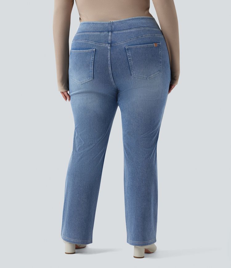 Plus Size Halara Flex™ Hoch taillierte Jeans mit mehreren Taschen, gewaschener, dehnbarer Strick, lässiger Bootcut, Übergröße