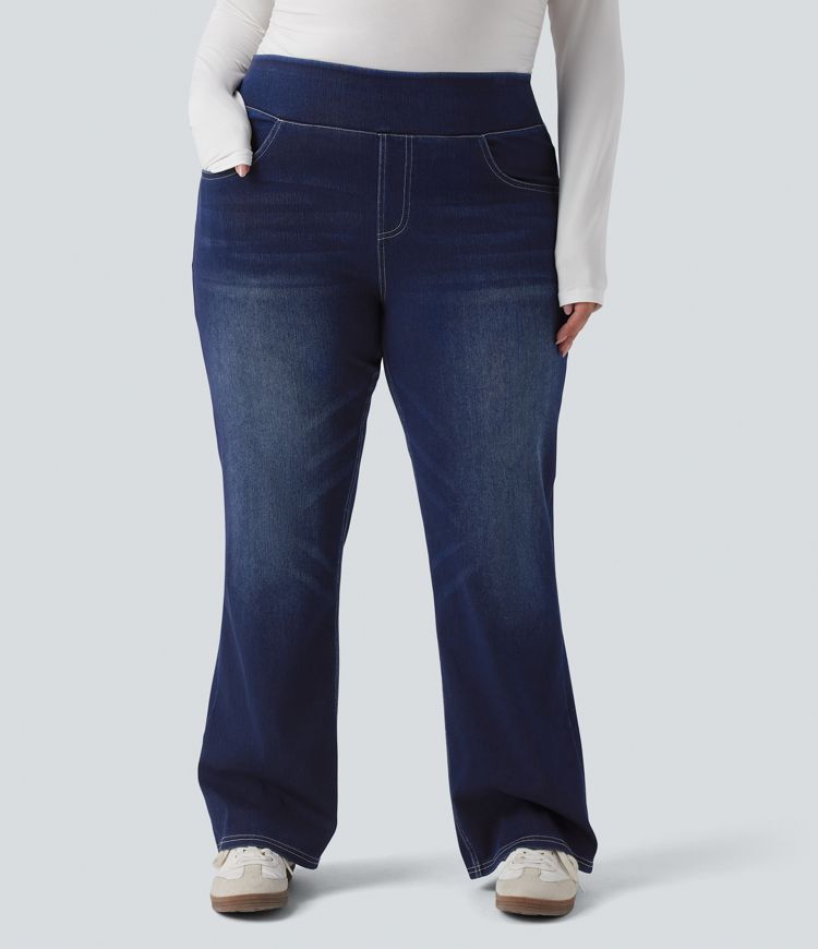 Plus Size Halara Flex™ Hoch taillierte Jeans mit mehreren Taschen, gewaschener, dehnbarer Strick, lässiger Bootcut, Übergröße