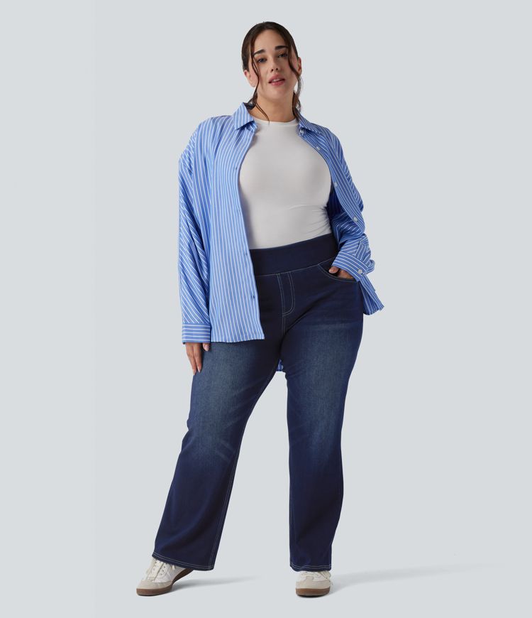 Plus Size Halara Flex™ Hoch taillierte Jeans mit mehreren Taschen, gewaschener, dehnbarer Strick, lässiger Bootcut, Übergröße