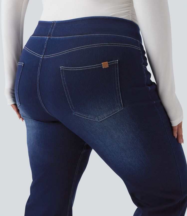 Plus Size Halara Flex™ Hoch taillierte Jeans mit mehreren Taschen, gewaschener, dehnbarer Strick, lässiger Bootcut, Übergröße