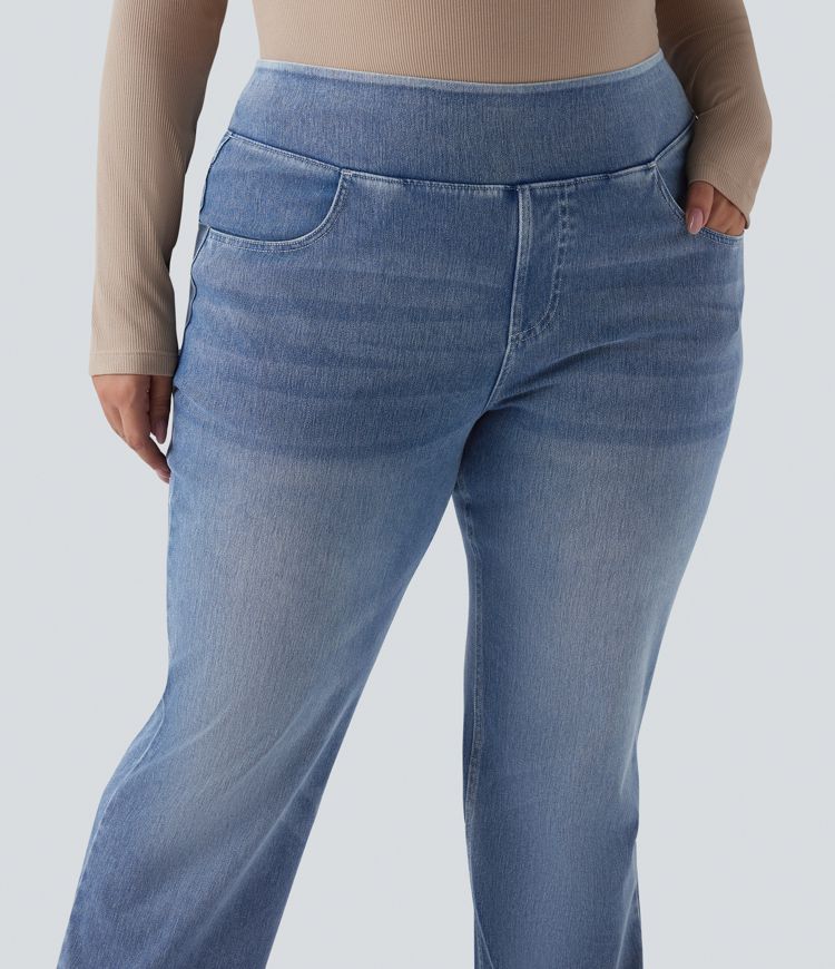 Plus Size Halara Flex™ Hoch taillierte Jeans mit mehreren Taschen, gewaschener, dehnbarer Strick, lässiger Bootcut, Übergröße