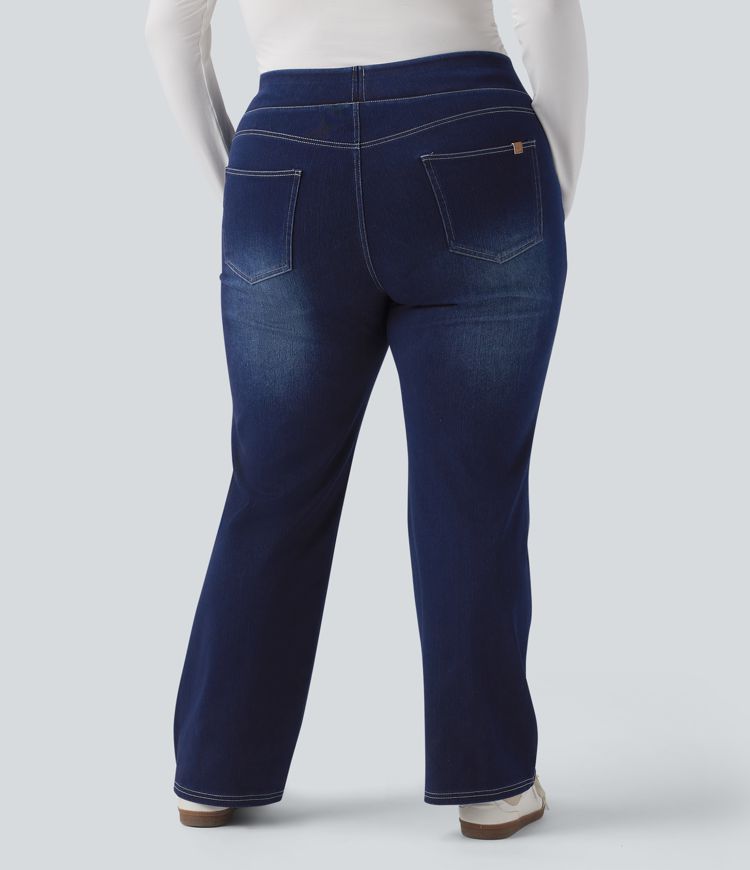 Plus Size Halara Flex™ Hoch taillierte Jeans mit mehreren Taschen, gewaschener, dehnbarer Strick, lässiger Bootcut, Übergröße