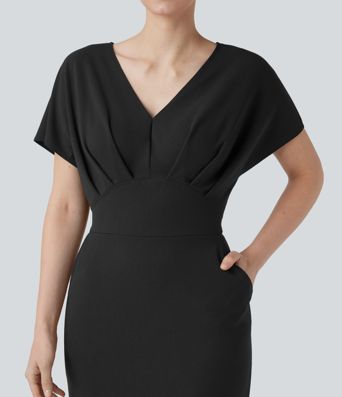 Robe mi-longue infroissable col V manches courtes avec poches