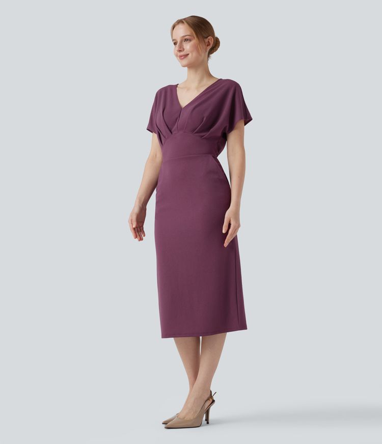 Wrinkle-resistant V Neck Short Sleeve Midi Work Dress with Pockets