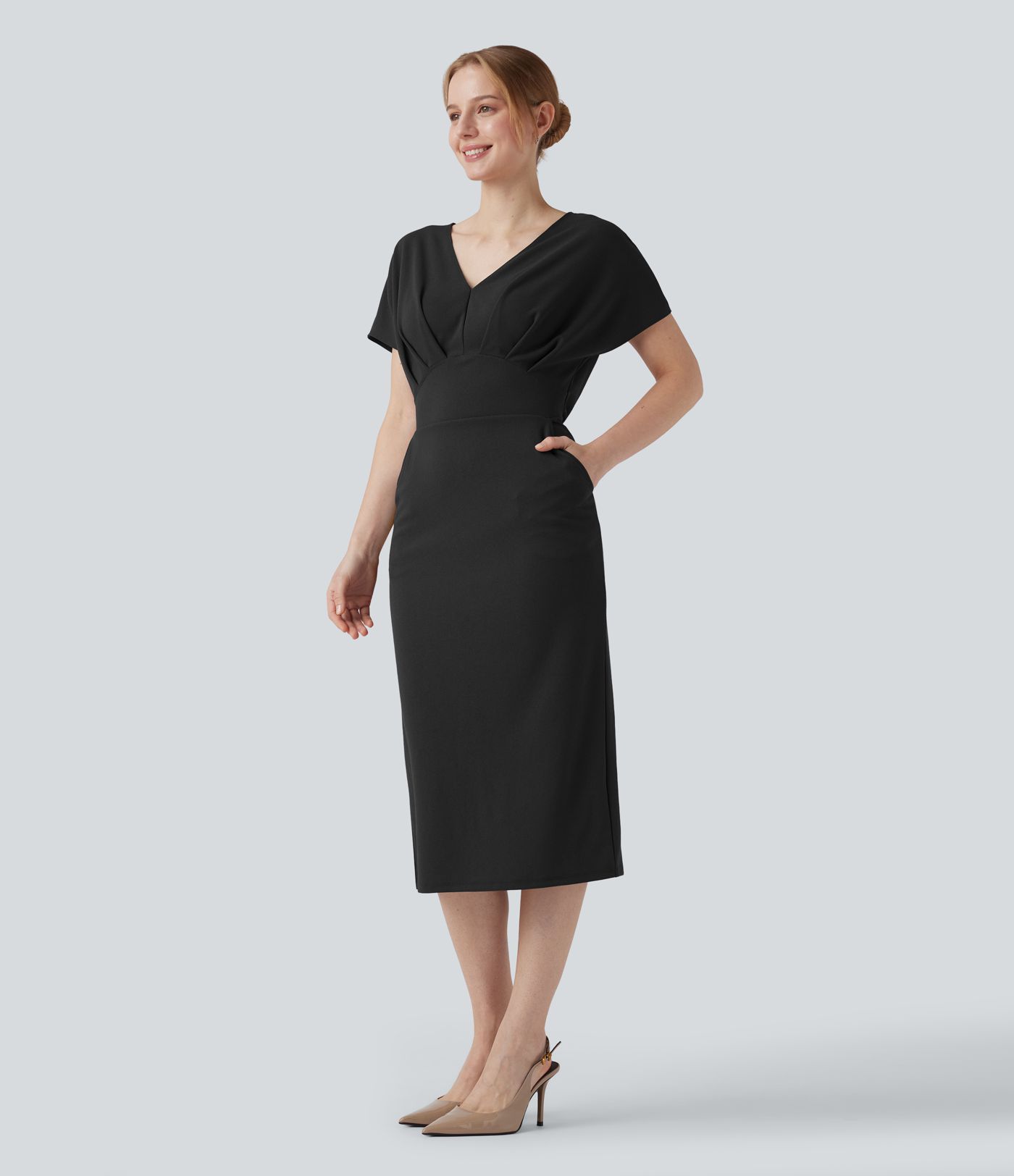 Robe mi-longue infroissable col V manches courtes avec poches