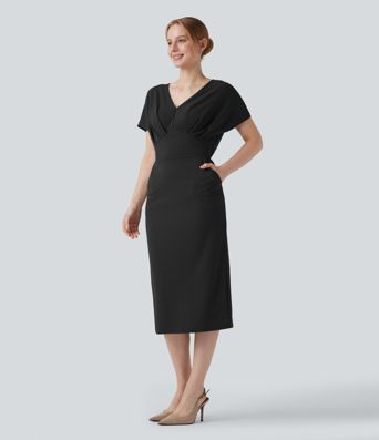 Robe mi-longue infroissable col V manches courtes avec poches