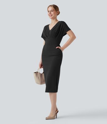 Robe mi-longue infroissable col V manches courtes avec poches