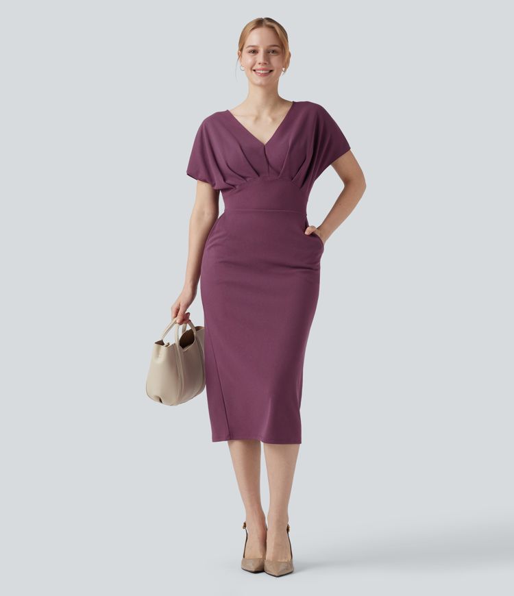 Wrinkle-resistant V Neck Short Sleeve Midi Work Dress with Pockets