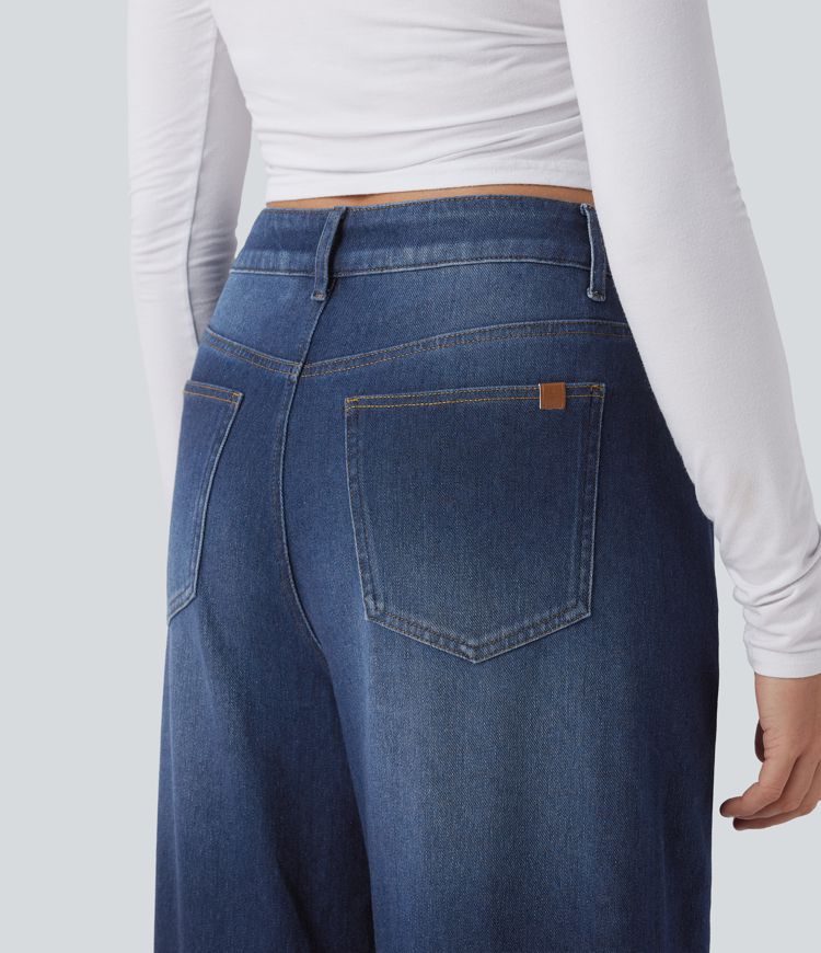 Halara Flex™ Asymmetric High Waisted Washed Casual Baggy Jeans with Pockets