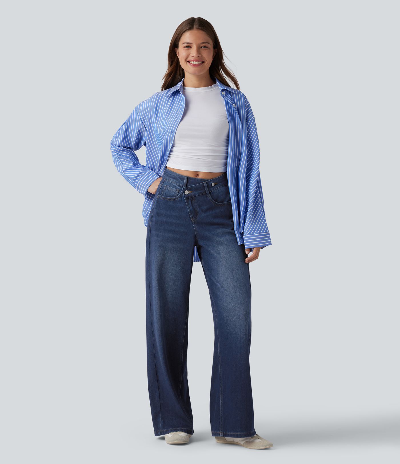 Halara Flex™ Asymmetric High Waisted Washed Casual Baggy Jeans with Pockets