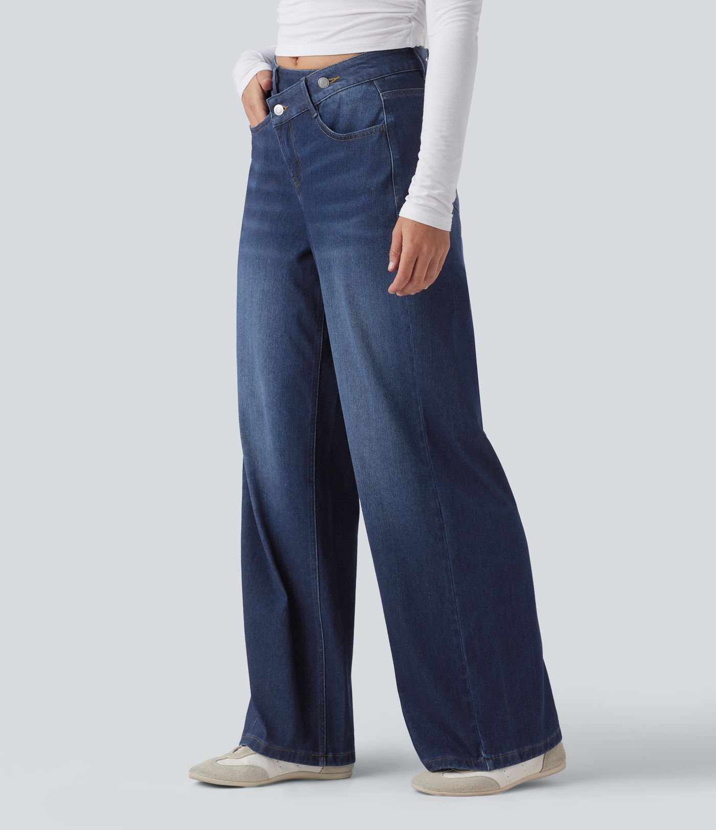 Halara Flex™ Asymmetric High Waisted Washed Casual Baggy Jeans with Pockets
