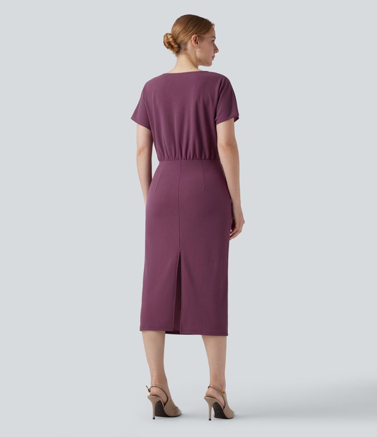 Wrinkle-resistant V Neck Short Sleeve Midi Work Dress with Pockets