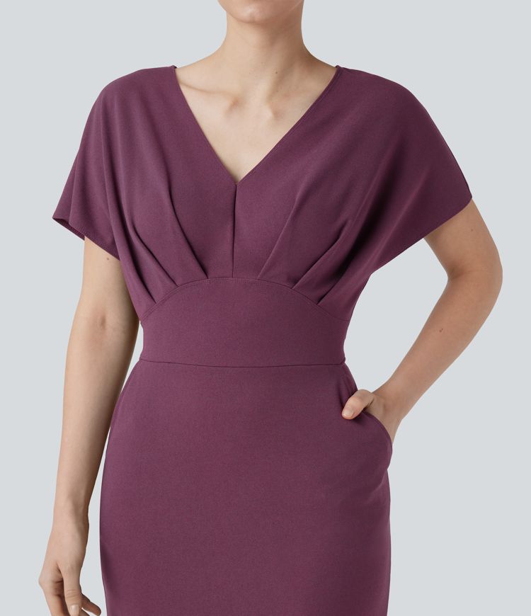 Wrinkle-resistant V Neck Short Sleeve Midi Work Dress with Pockets