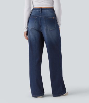 Halara Flex™ Asymmetric High Waisted Washed Casual Baggy Jeans with Pockets