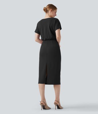 Robe mi-longue infroissable col V manches courtes avec poches