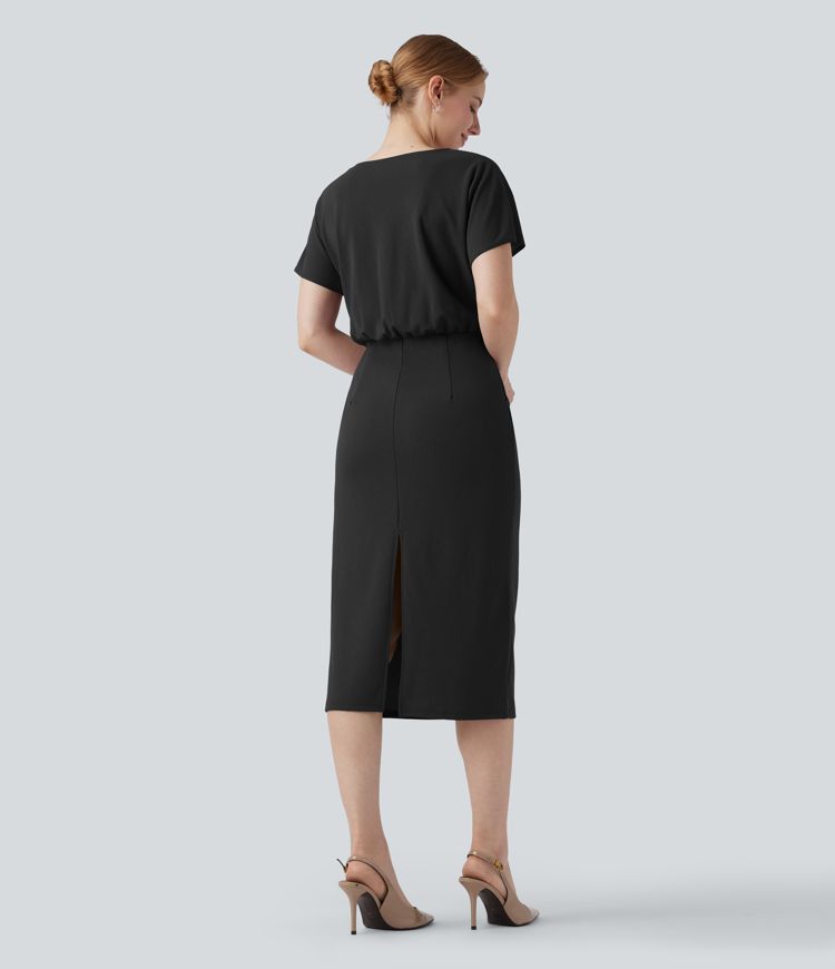 Robe mi-longue infroissable col V manches courtes avec poches