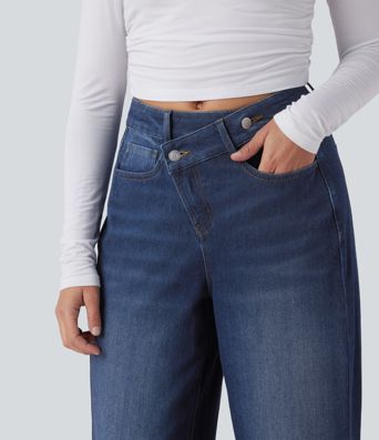 Halara Flex™ Asymmetric High Waisted Washed Casual Baggy Jeans with Pockets