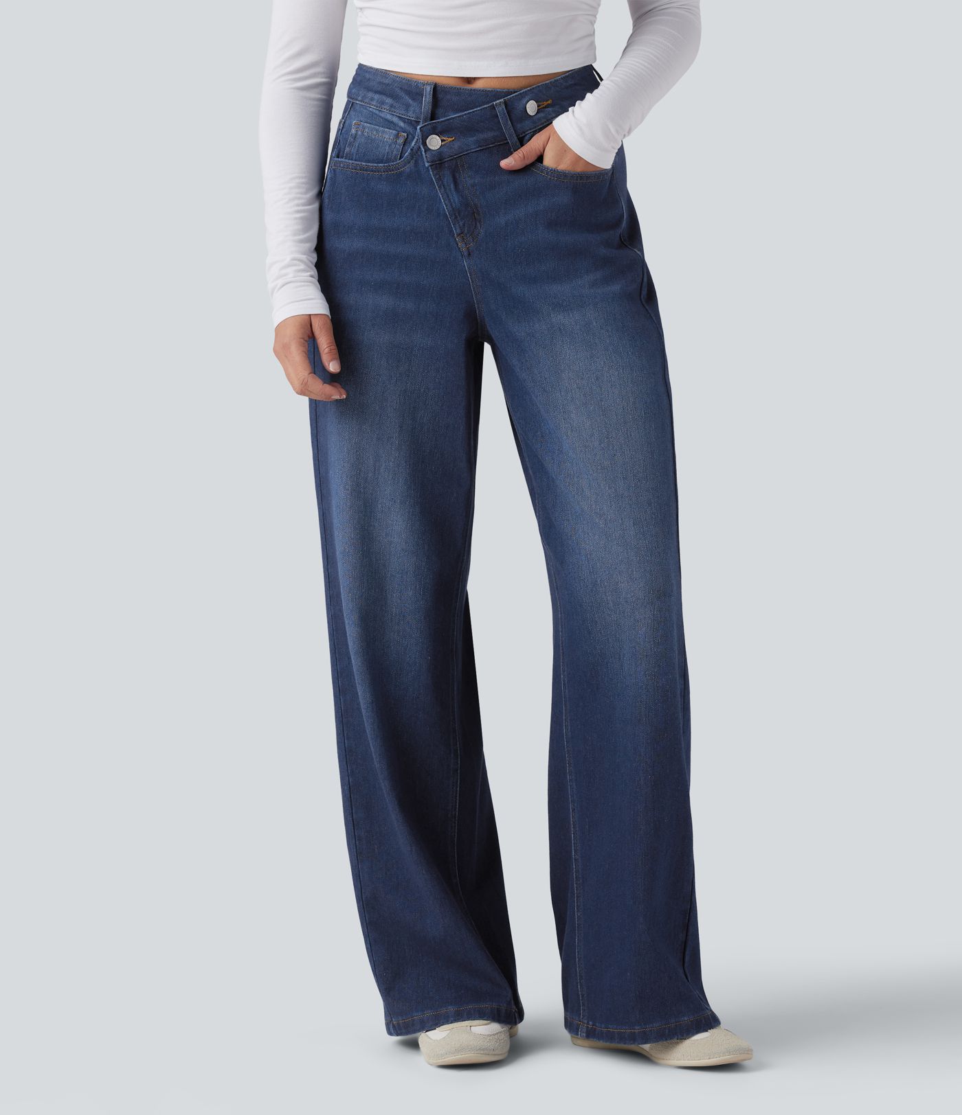 Halara Flex™ Asymmetric High Waisted Washed Casual Baggy Jeans with Pockets