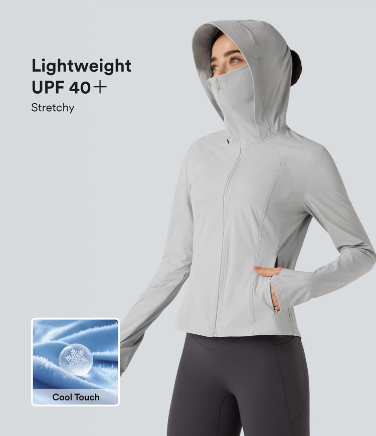 Hooded Long Sleeve Thumb Hole Zipper Hiking Jacket with Pockets-UPF40+