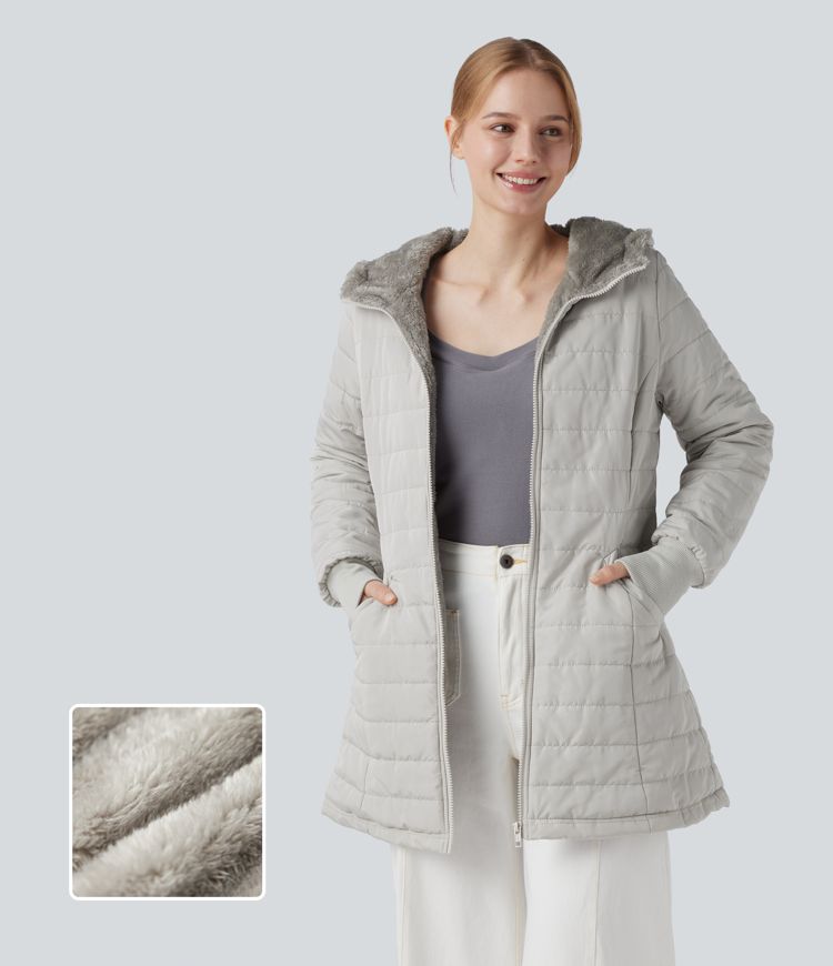 Doudoune sherpa à capuche manches longues avec fermeture éclair et poches