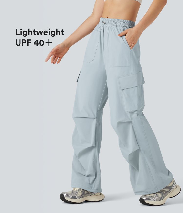 Mid Rise Drawstring Hiking Straight Leg Cargo Pants with Pockets-UPF40+