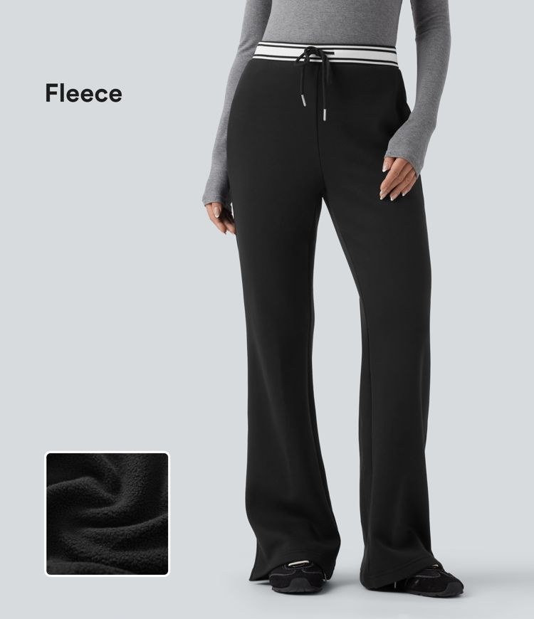 High Waisted Drawstring Color Block Split Hem Fleece Casual Cotton Flare Pants with Pockets