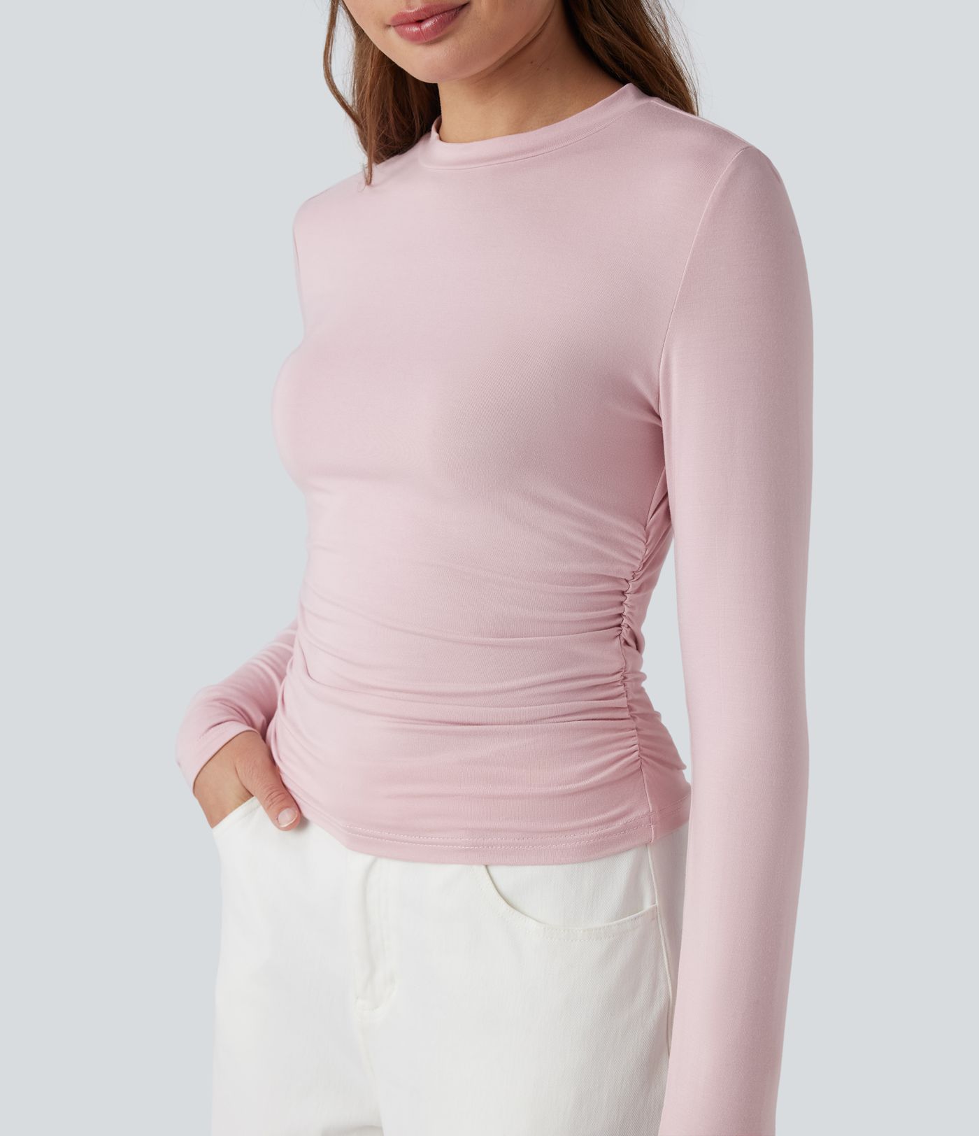 Round Neck Long Sleeve Ruched Casual Top
