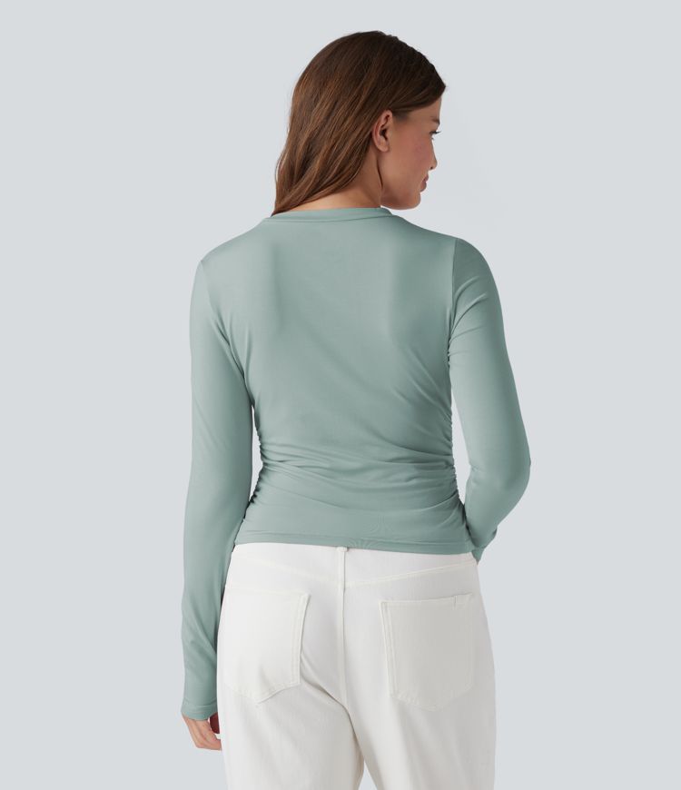Round Neck Long Sleeve Ruched Casual Top