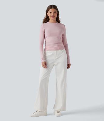 Round Neck Long Sleeve Ruched Casual Top