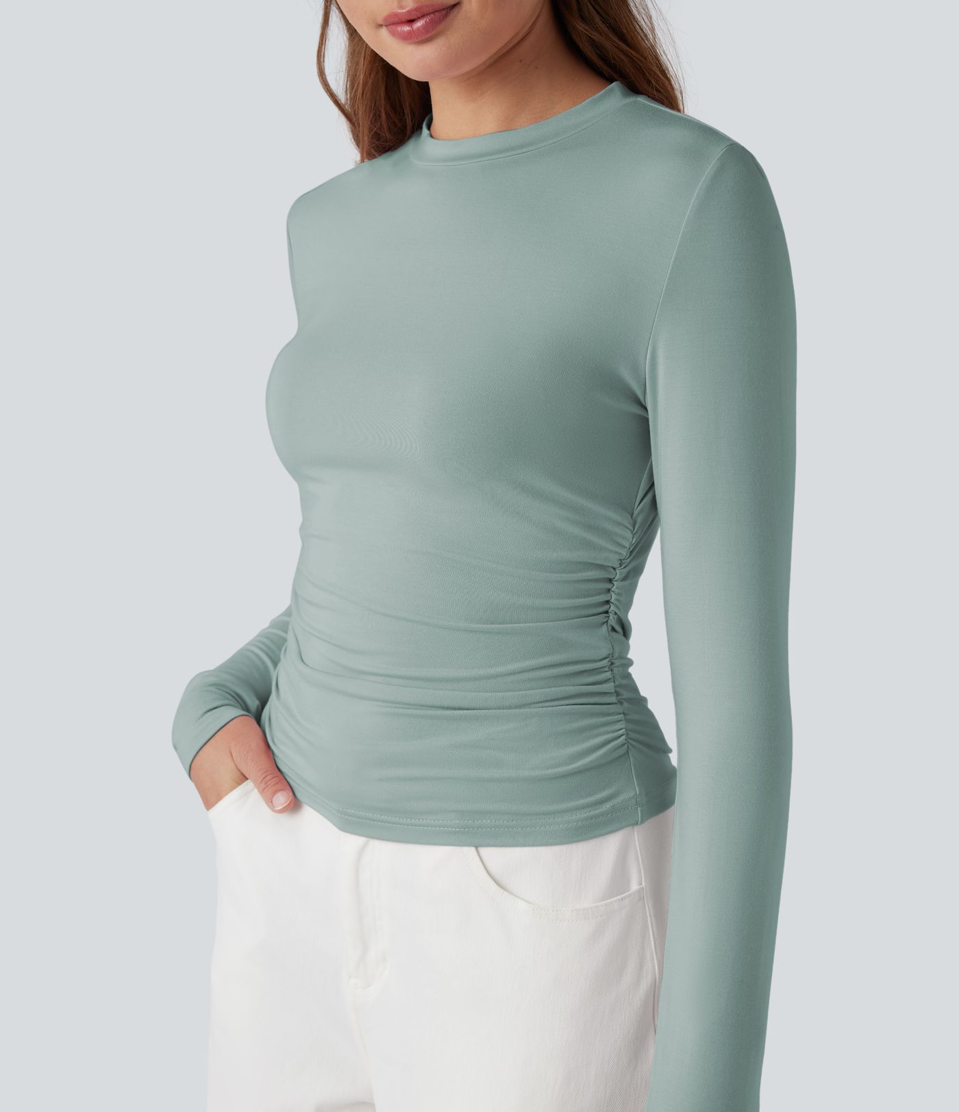 Round Neck Long Sleeve Ruched Casual Top