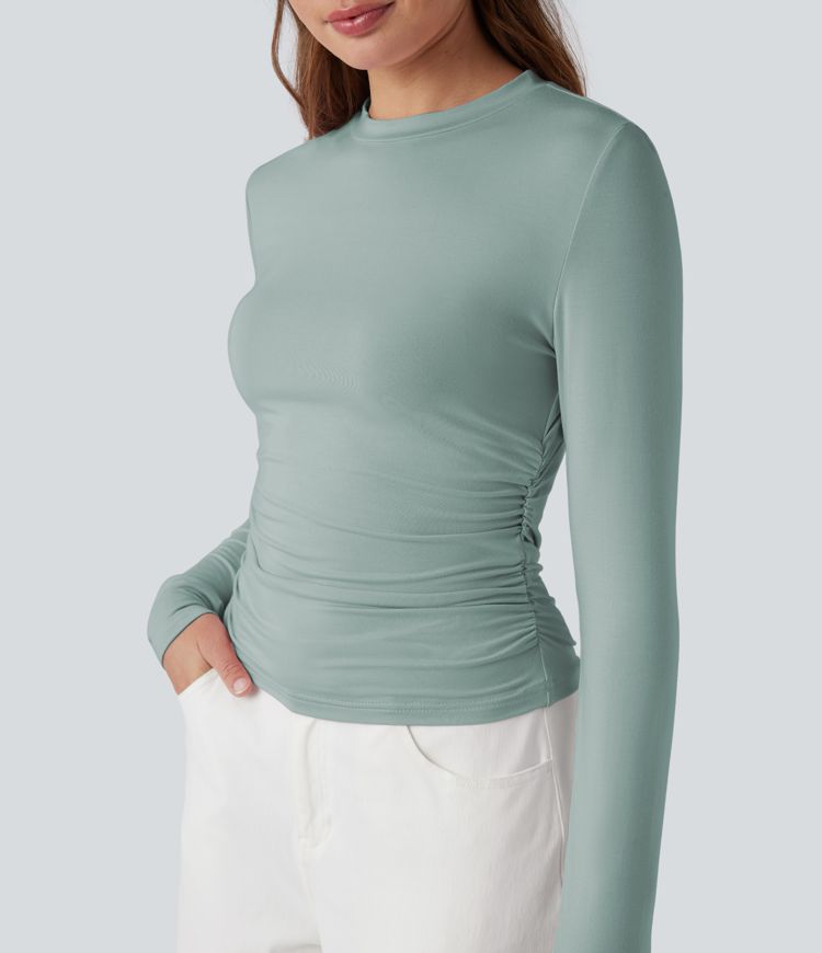 Round Neck Long Sleeve Ruched Casual Top