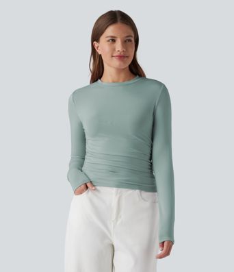 Round Neck Long Sleeve Ruched Casual Top