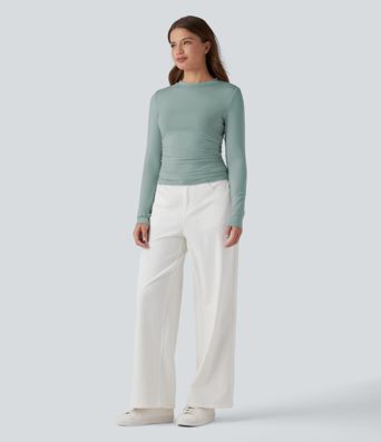 Round Neck Long Sleeve Ruched Casual Top