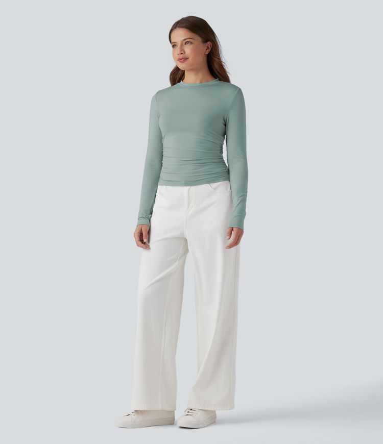 Round Neck Long Sleeve Ruched Casual Top