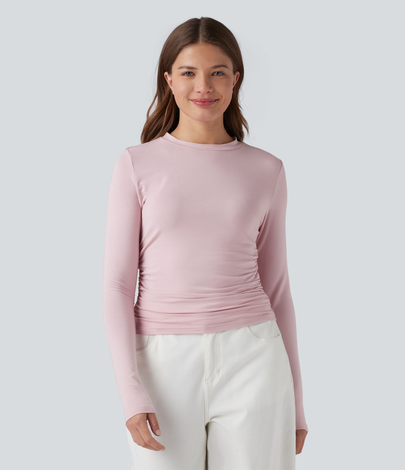 Round Neck Long Sleeve Ruched Casual Top