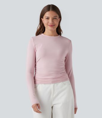 Round Neck Long Sleeve Ruched Casual Top