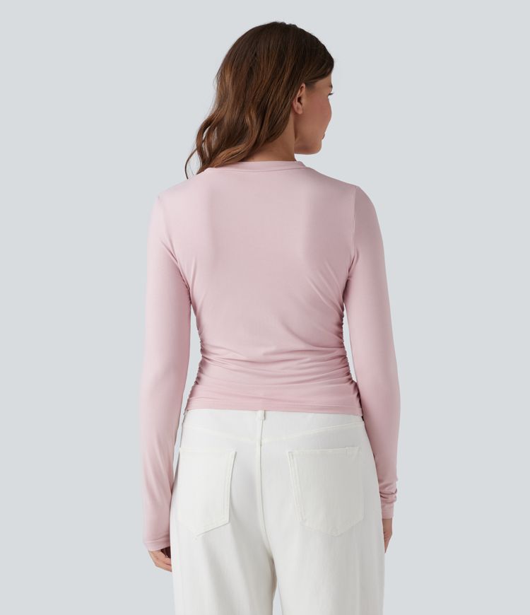 Round Neck Long Sleeve Ruched Casual Top